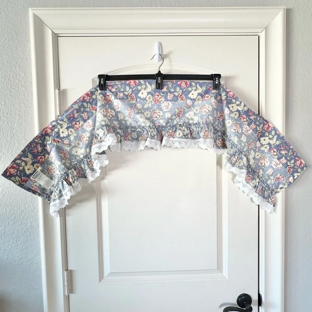Vintage Waverly Garden Room Heritage Valance Blue Floral White Lace 60x11